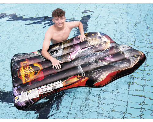 Aufblasbare Jurassic World Luftmatratze im Pool mit Person