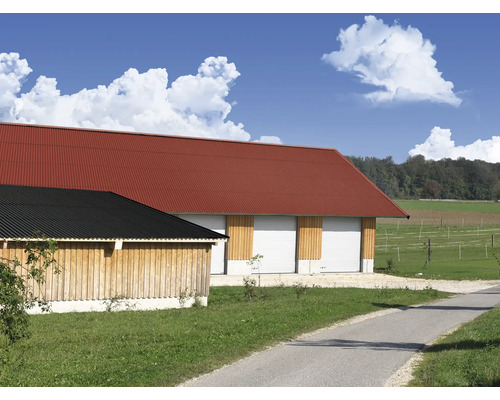 Gebäude mit rotem Wellblechdach und Gebäude mit schwarzem Wellblechdach