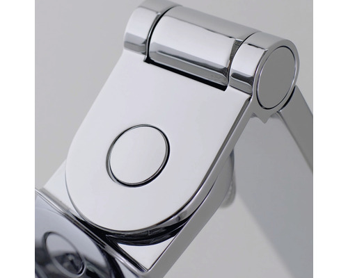 Detailaufnahme eines verchromten WC-Sitzscharniers.