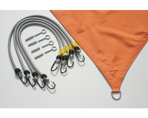 Kit de montage pour voile d''ombrage avec tendeurs, crochets, vis et chevilles, ainsi qu''une voile d''ombrage triangulaire