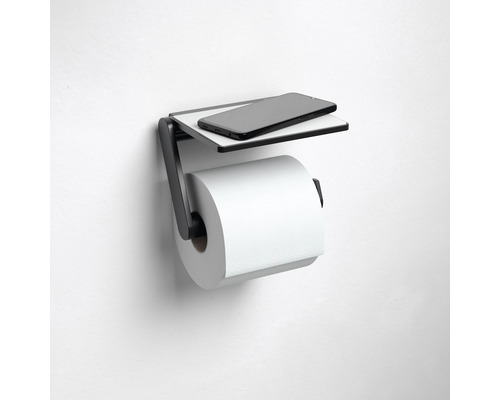 Toilettenpapierhalter mit Ablage und Mobiltelefon