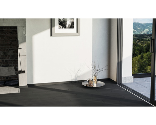 Intérieur avec carrelage foncé, décoration murale et vue sur la verdure