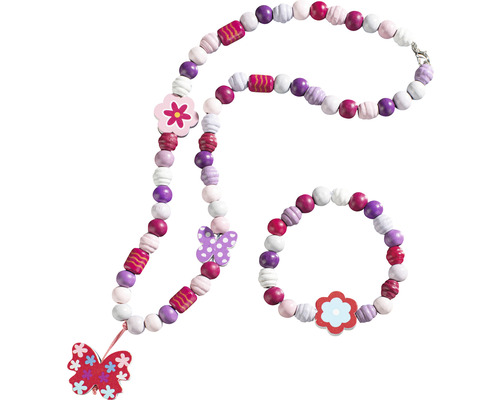 Collier et bracelet en perles de bois avec motifs de fleurs et de papillons