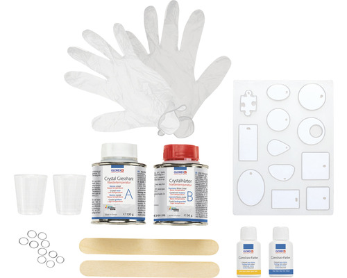 Kit de bijoux en résine Glorex avec résine de moulage, durcisseur, moules, couleurs, gobelets, bâtonnets en bois, gants et œillets