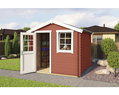 Abri de jardin Outdoor Life Wels 2 avec plancher 263,7 x 250 cm rouge de falun Abri de jardin en bois avec porte et fenêtre ouvertes pour le rangement du jardin
