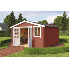 Holzgartenhaus mit Doppeltür und Fenstern im Garten