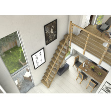 Helle und moderne Wohnung mit Holztreppe, Esstisch und Dekorationen