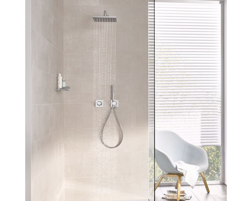 Badezimmer mit Duschkopf, Handbrause, Regler und Ablage