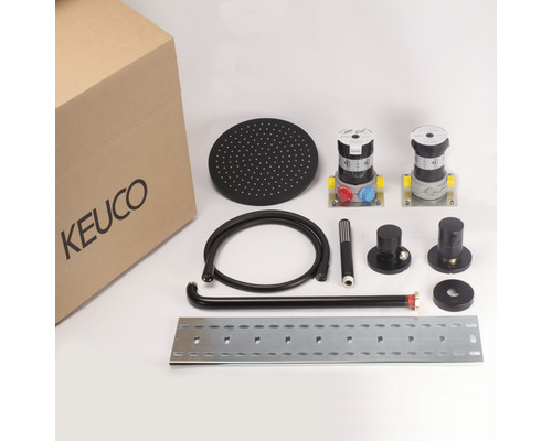 Ensemble de robinetterie Keuco avec douche de tête, douchette à main et mitigeur thermostatique