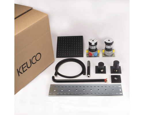 Keuco Armatureneinbauset mit verschiedenen Komponenten, inklusive Brausekopf, Schläuche und Befestigungsmaterialien.
