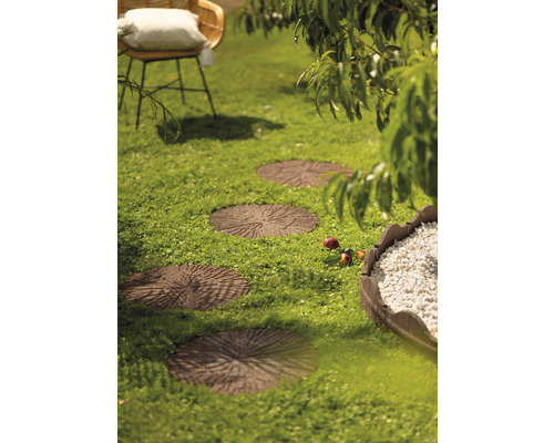 Gartenszene mit Rasenfläche, runden Trittsteinen aus Beton in Holzoptik und dekorativem Kiesbeet