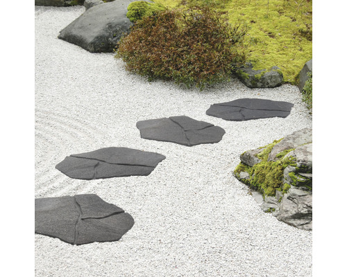 Aménagement paysager de jardin avec pas japonais sur un chemin de gravier