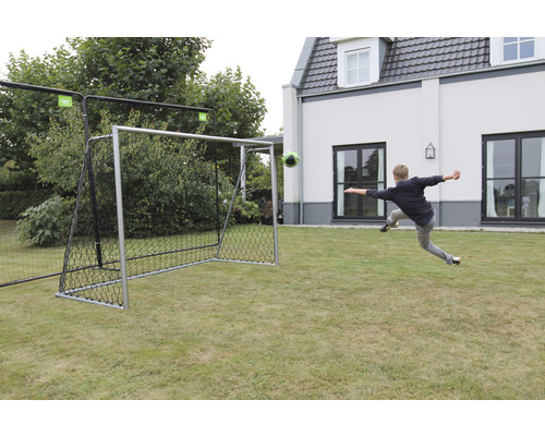 But de foot avec ballon de foot sur gazon et personne en train de tirer