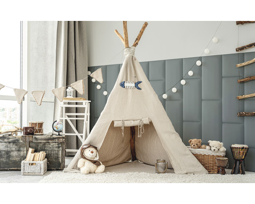 Coussin mural Mono vert sauge clair aspect velours 30 x 60 cm Salle de jeux pour enfants avec tente, jouets et décorations