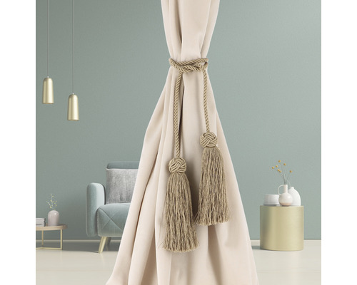 Dekorativer Vorhang mit Quaste zur Dekoration von Wohnräumen.