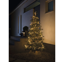 Sapin de Noël avec guirlande lumineuse devant une maison