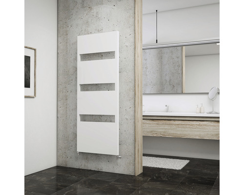 Radiateur design SCHULTE Turin 1543 x 505 mm blanc mat avec raccordement au centre Salle de bain moderne avec radiateur blanc et meuble sous-lavabo