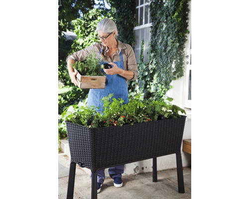 Frau mit Kräutern und Hochbeet im Garten