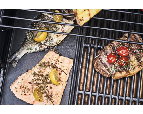 Auf einem Grill liegen Fisch, Lachs und ein Steak.