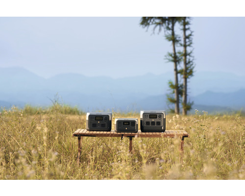 Drei graue Powerstations auf einem Holztisch im Freien