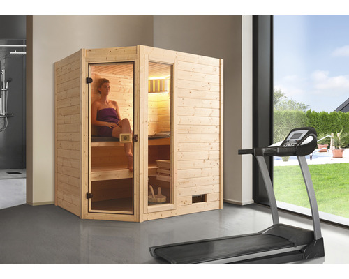 Sauna en bois massif Weka Valida d'angle GTF taille 1 avec poêle 5,4 kW et commande intégrée, avec fenêtre et porte entièrement vitrée en verre transparent