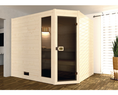 Sauna en bois massif Weka Valida d'angle GTF taille 3 avec poêle 9 kW et commande intégrée, avec fenêtre et porte entièrement vitrée en verre transparent