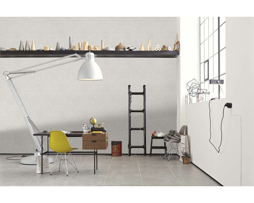 Heller Raum mit Schreibtisch, Lampe, Regal und Dekorationen