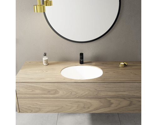 Salle de bains moderne avec meuble sous-lavabo, vasque à poser et miroir rond