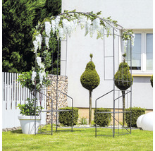 Arche à roses en métal avec banc, décorée de plantes, dans le jardin