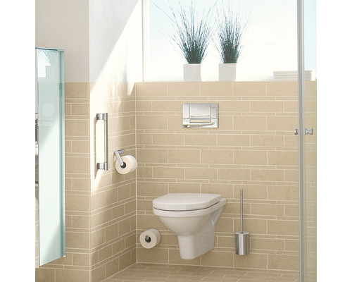 Modernes Badezimmer mit Wand-WC, Betätigungsplatte, Toilettenbürste und Papierhalter