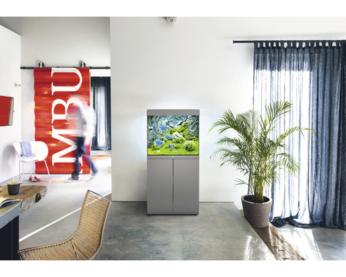 Salon moderne avec aquarium et plante d''intérieur