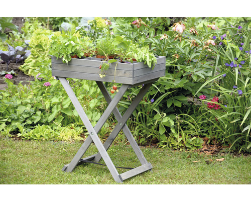 Jardinière surélevée avec herbes aromatiques sur une table de jardin en bois