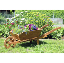 Brouette en bois avec des fleurs dans le jardin