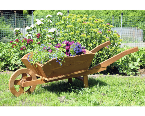 Holzschubkarre mit Blumen im Garten