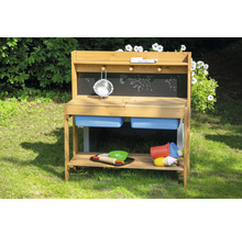 Spielküche aus Holz mit Kreidetafel, Becken und Ablagefläche für den Aussenbereich.