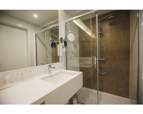 Salle de bain avec lavabo, miroir et douche