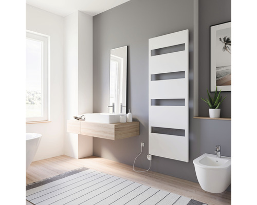 Salle de bains avec lavabo, miroir, radiateur, bidet et tapis rayé