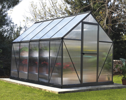 Gewächshaus aus Polycarbonat mit Pflanzen im Garten