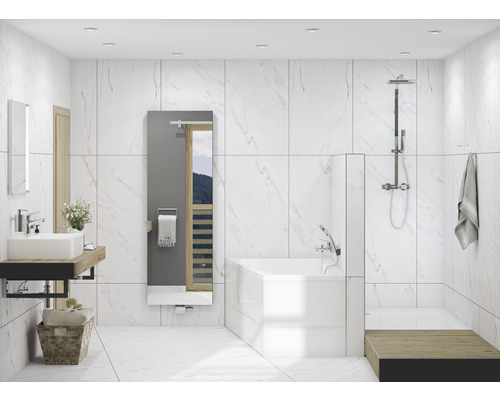 Salle de bains moderne avec baignoire, douche, lavabo et miroir