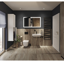 Salle de bain moderne avec lavabo, toilettes, radiateur sèche-serviettes et miroir