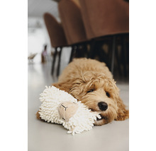 Un chiot est allongé sur le sol avec un jouet en peluche.