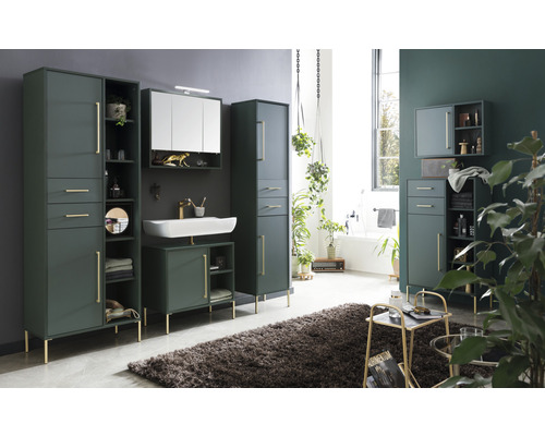 Salle de bains avec armoires hautes, meuble sous-lavabo, armoire de toilette et tapis pour un aménagement moderne