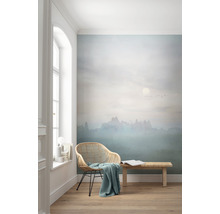 Pièce lumineuse avec papier peint photo, fauteuil en rotin et banc en bois