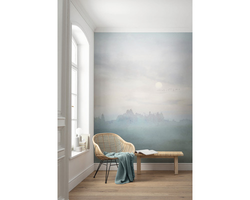 Pièce lumineuse avec papier peint photo, fauteuil en rotin et banc en bois