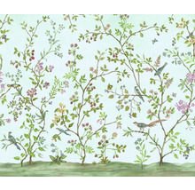 Tapete mit Vogel-, Blüten- und Beerenmuster