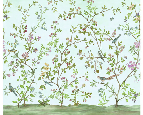 Papier peint avec motif d''oiseaux, de fleurs et de baies