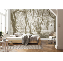 Blick in ein Schlafzimmer mit Fototapete, Bett und Stuhl