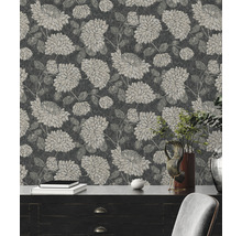 Nahaufnahme einer floralen Tapete mit schwarzem Hintergrund und weißem Blumenmuster.