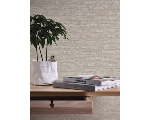 Papier peint à motif de pierre au-dessus d''une table avec une plante en pot et des livres