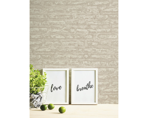 Intérieur avec papier peint à motif de briques, deux photos encadrées et une plante.